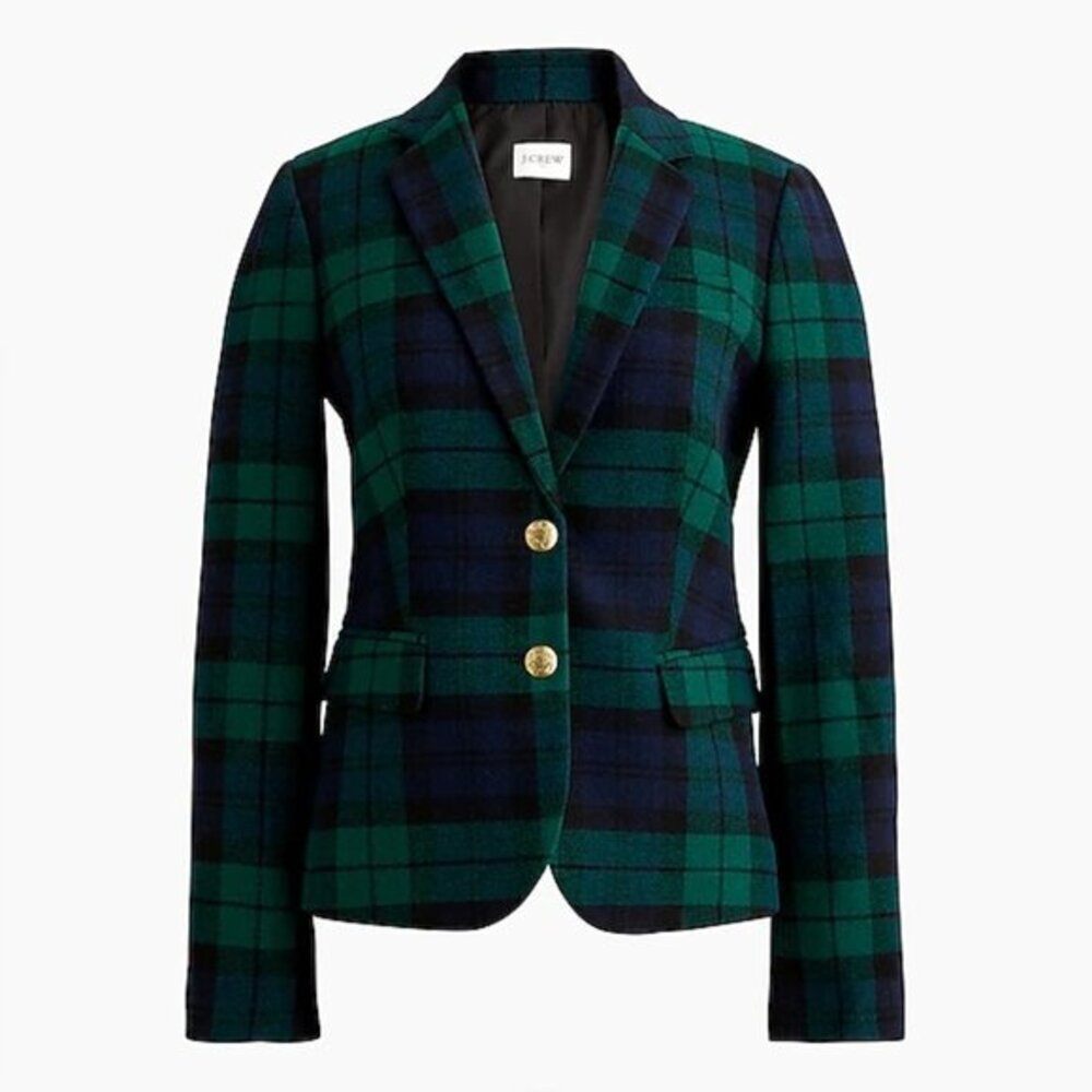 J Crew Women Plaid Green‎ Wool-Blend  Blazer Black Watch Coat Size 8